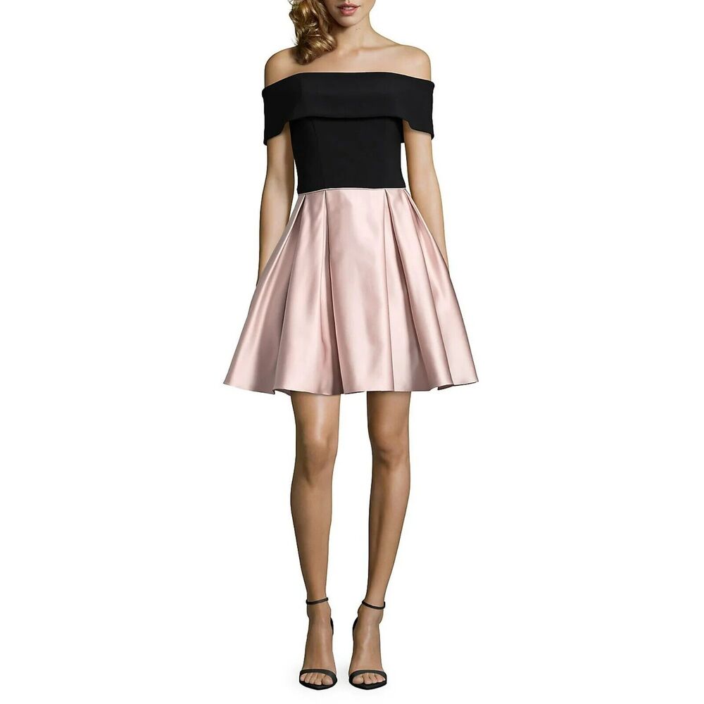 Betsy & Adam Black Rose Gold Satin Short Sleeve Off Shoulder Prom Dress  4P $209